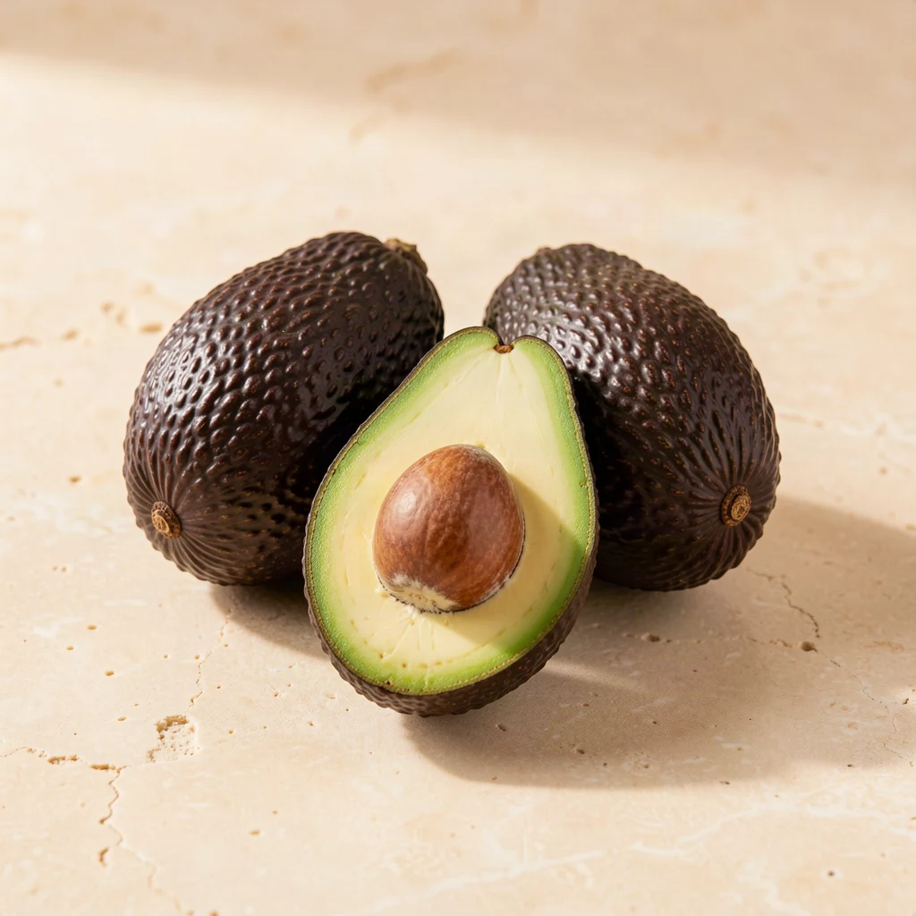 Whole avocados and an avocado half showing the stone