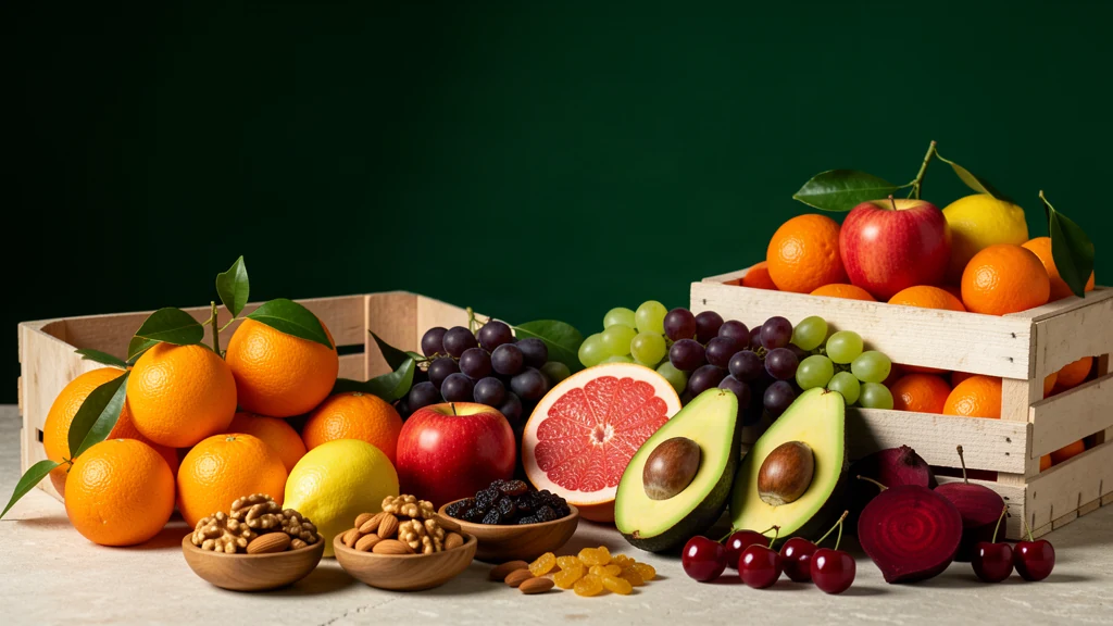 Illustrative assortment of fresh fruit, avocados, beetroot and dry fruits on a table