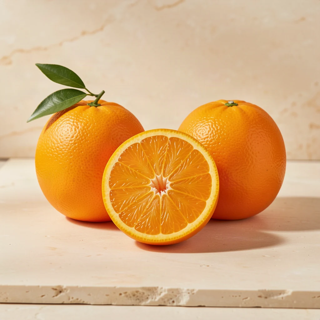Oranges with green leaves and a cut half